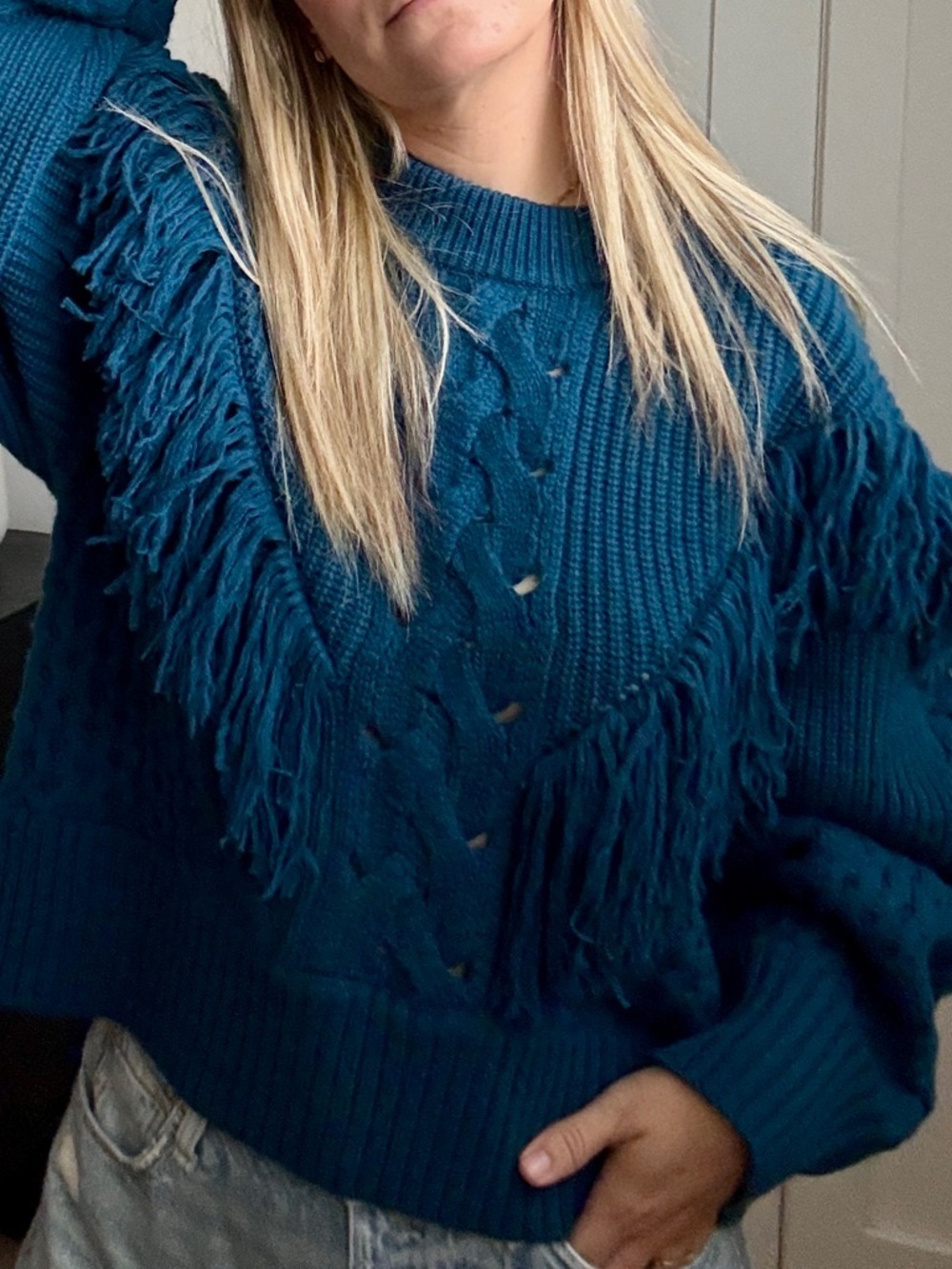 Equipment Femme Amira Sweater Deep Lagoon Blue Fringe Chunky Knit Wool Cashmere